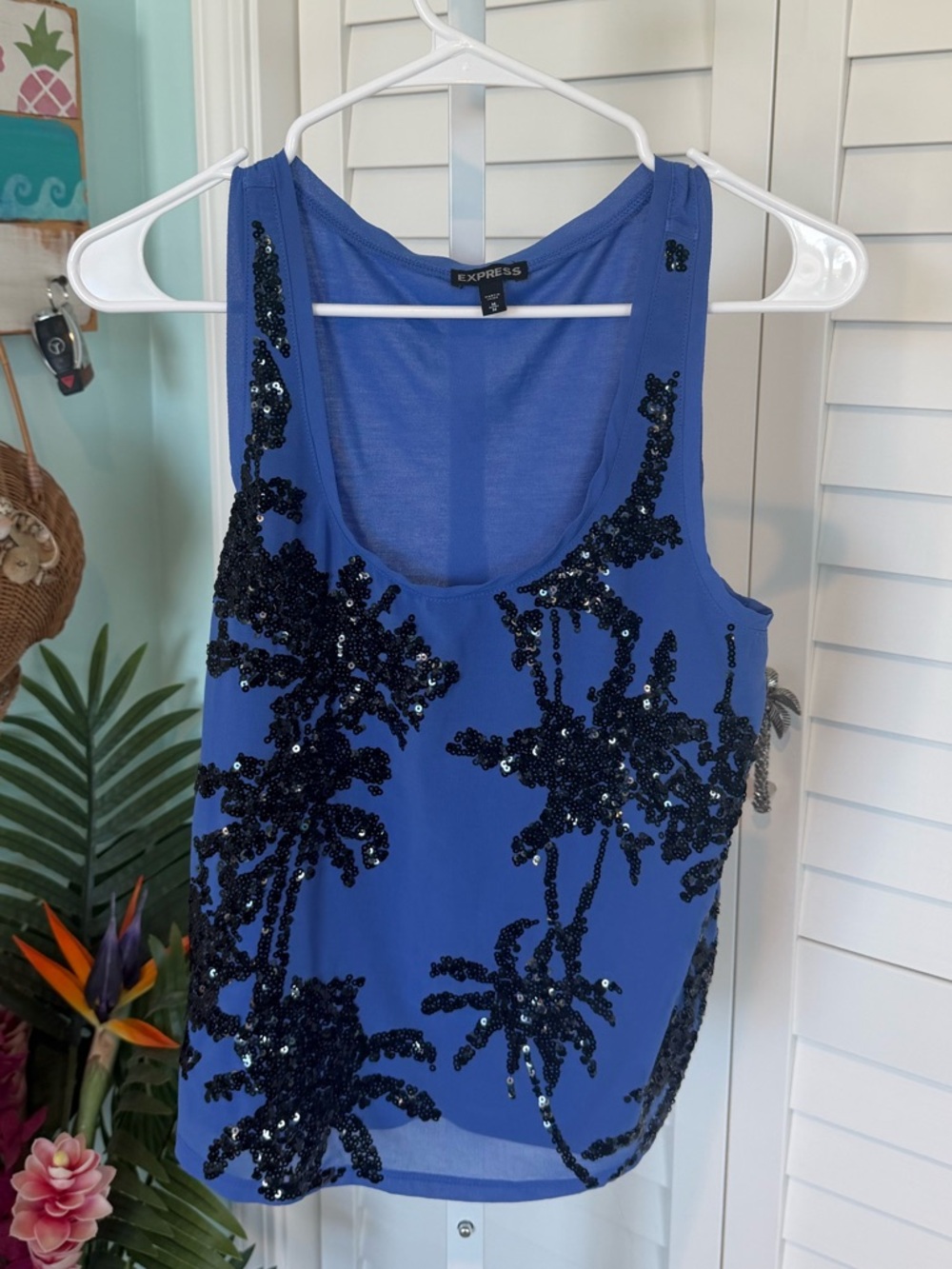 Express Blue Sequin Palm-Print Tank Top